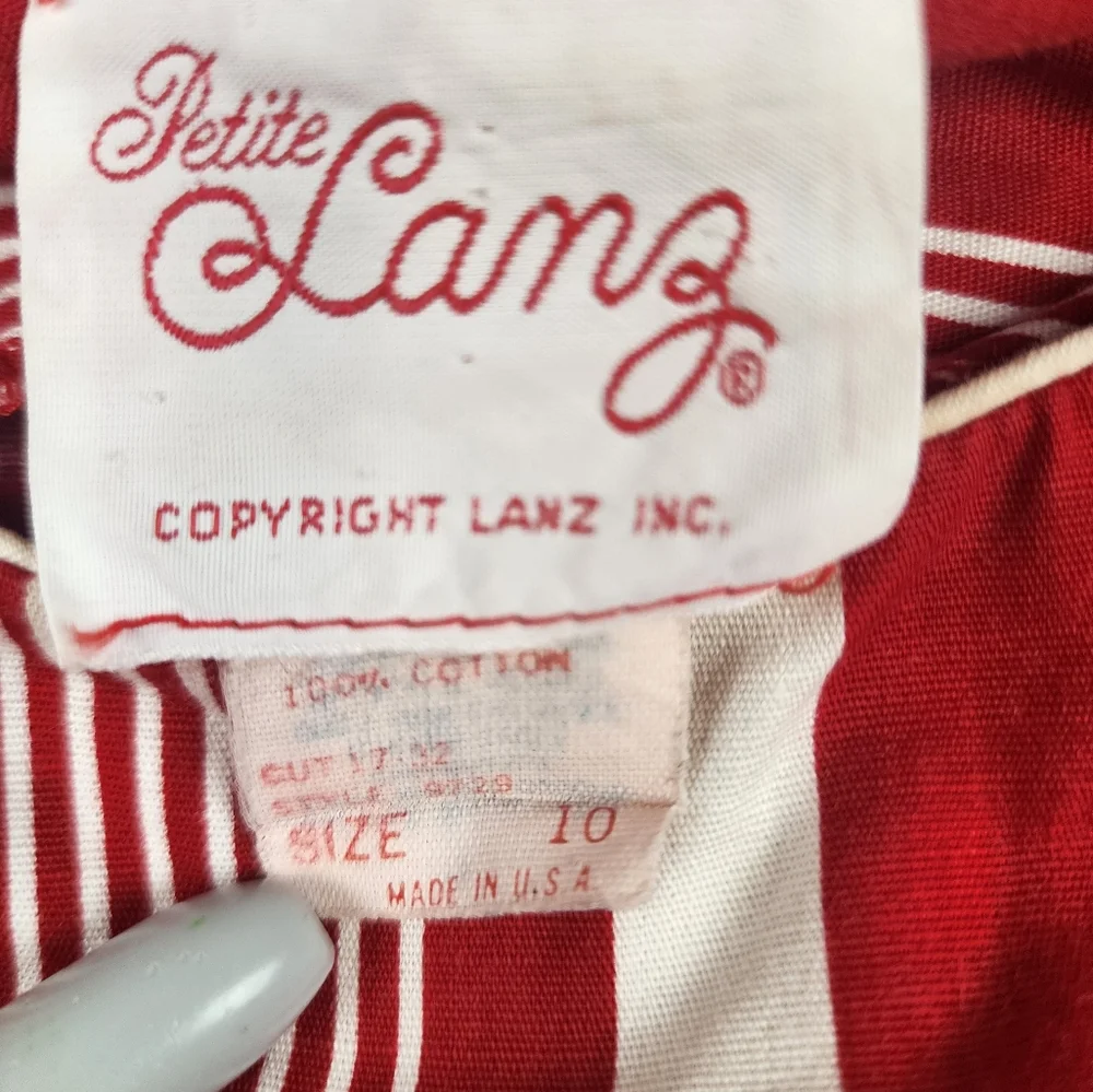 Vintage Petite Lanz Red Cream Stripe Blouse Lace - Picture 6 of 12